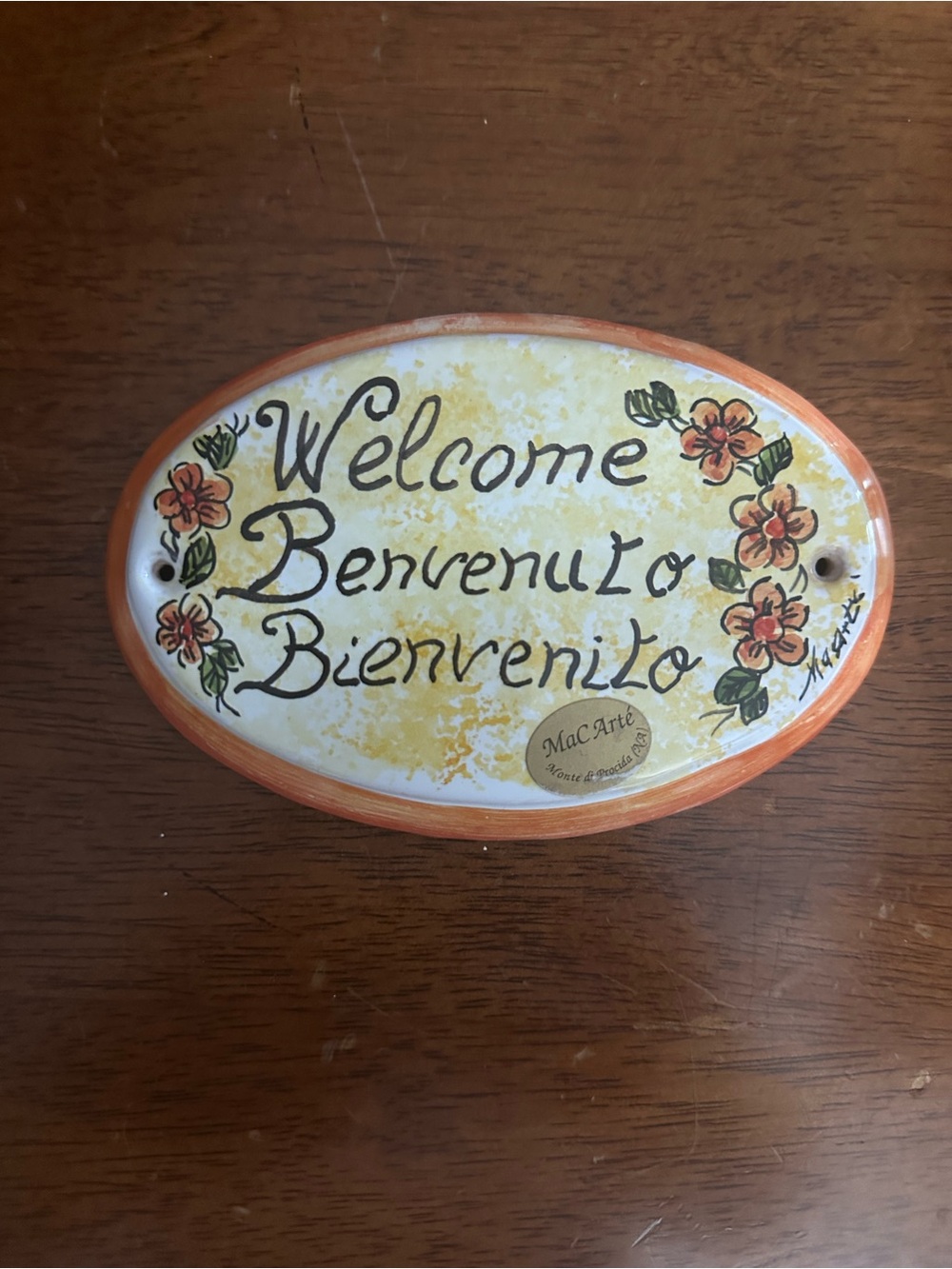 Ceramic 'Welcome/Bienvenuto' Oval Wall Plaque - Orange Floral